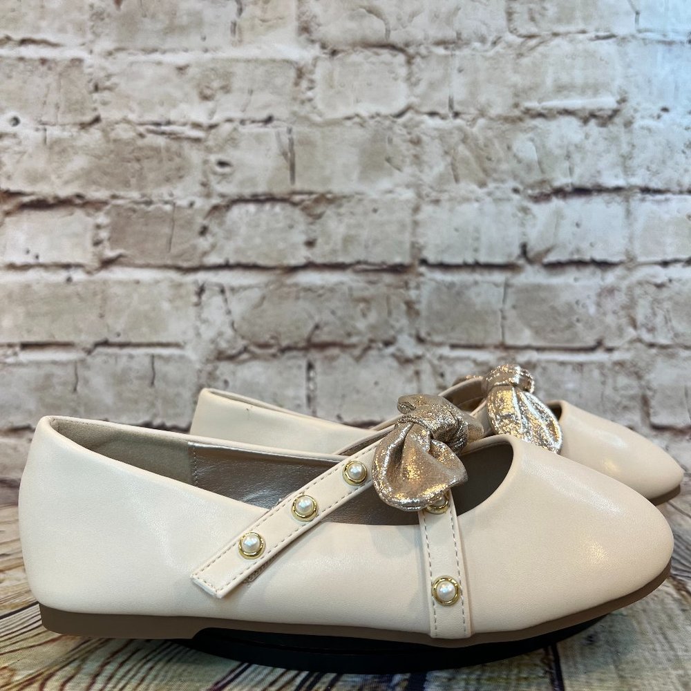 Panda Ninjia Girls Cream Bow Tie Faux Pearl Studded Adjustable Dress Flats 3 Y